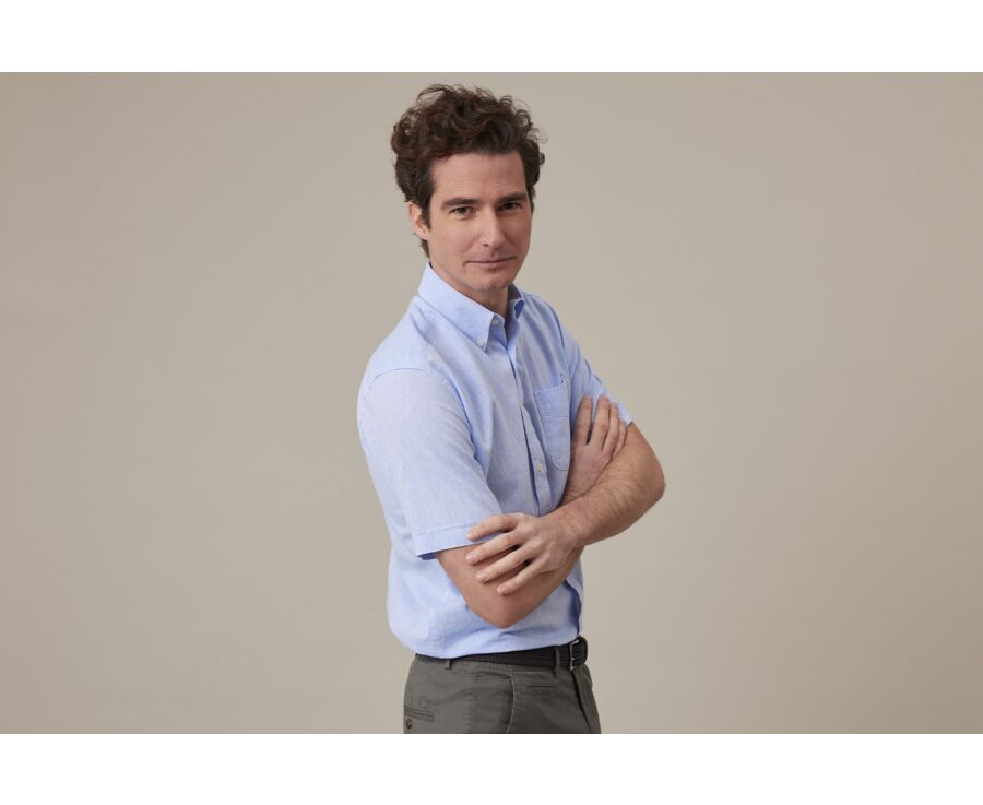 Chemise coton et lin Chambray Bleu - Poche poitrine - COLTEN MC