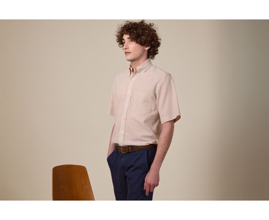 Chemise coton et lin Chambray Beige - Poche poitrine - COLTEN MC