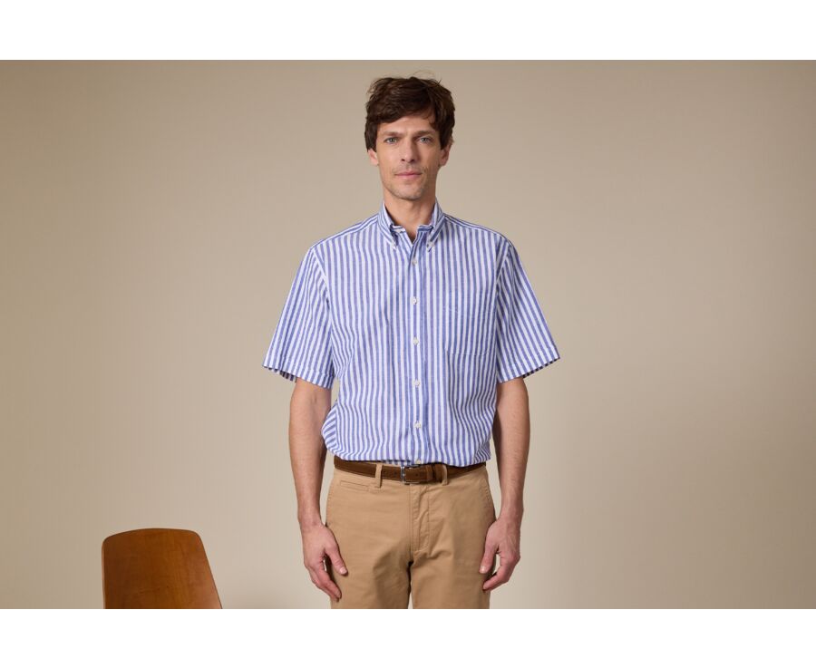 Chemise à rayures coton/lin Bleu Océan et Blanc - Coupe confort - COLTEN MC