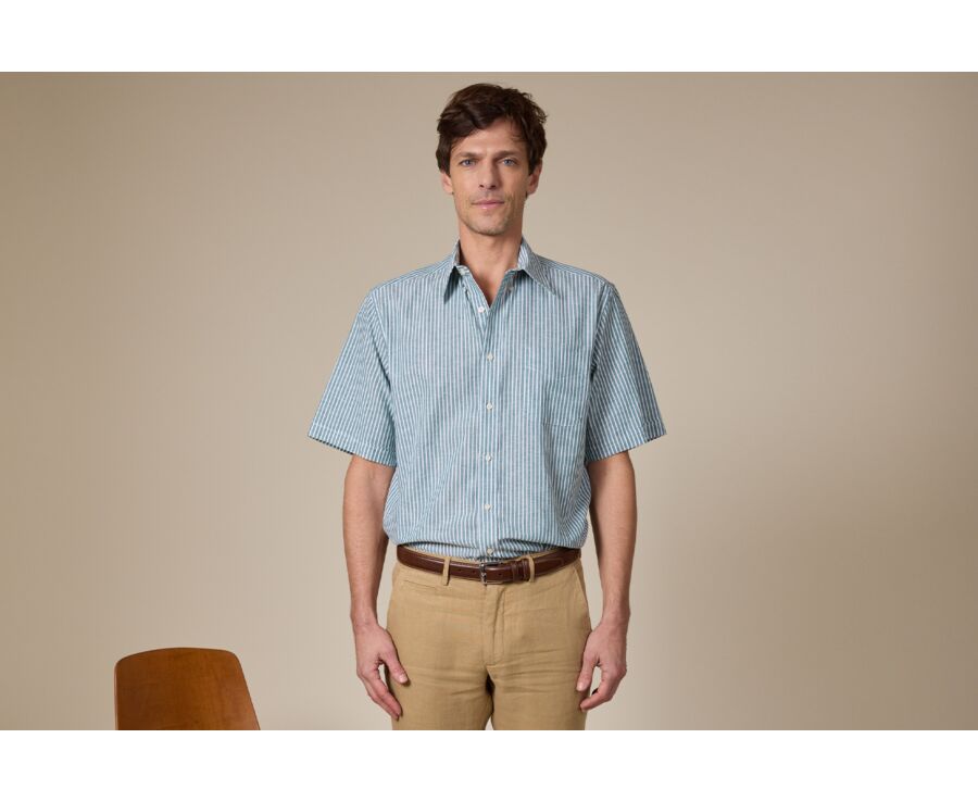 Chemise à rayures coton/lin Vert et Blanc - Coupe confort - COLTEN MC