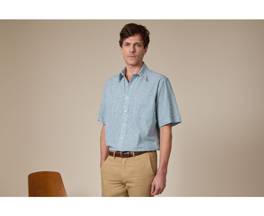 Chemise à rayures coton/lin Vert et Blanc - Coupe confort - COLTEN MC