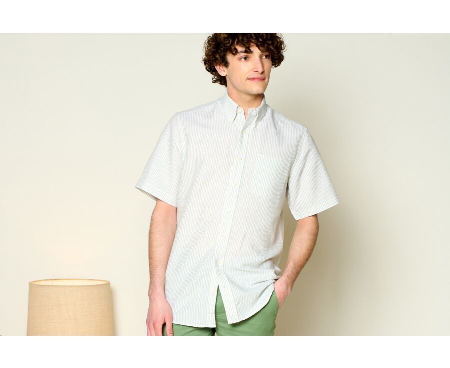 Chemise coton et lin Vert Tilleul et Blanc - Poche poitrine - COLTEN MC
