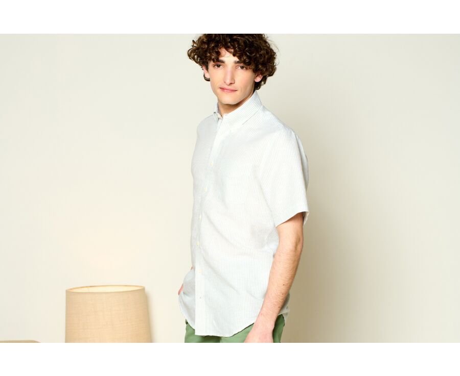 Chemise coton et lin Vert Tilleul et Blanc - Poche poitrine - COLTEN MC