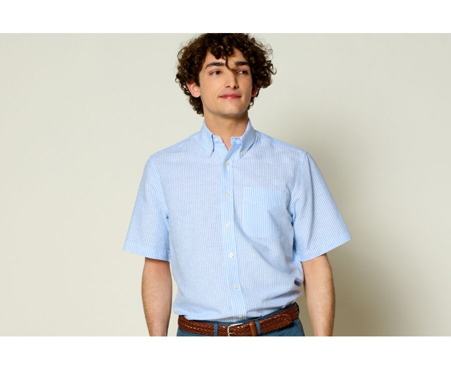 Chemise coton et lin Chambray Bleu Ciel et Blanc - Poche poitrine - COLTEN MC