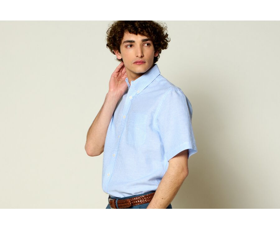 Chemise coton et lin Chambray Bleu Ciel et Blanc - Poche poitrine - COLTEN MC
