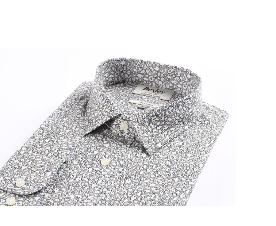 Chemise coton taupe imprimée fleurs blanches et bleues - VICTORIEN