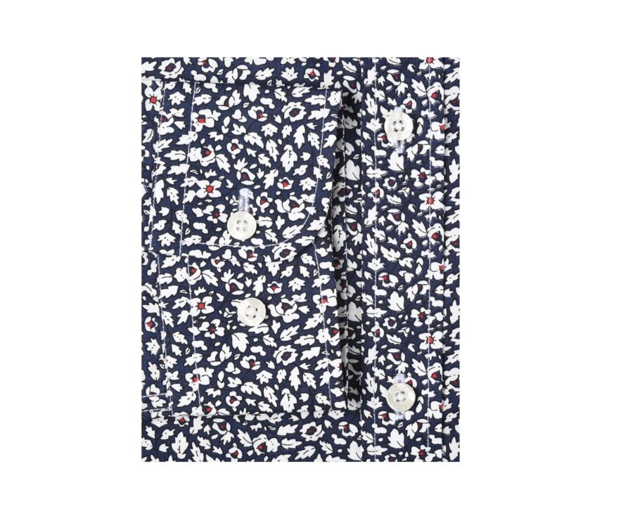 Chemise coton bleue imprimée fleurs blanches et rouges - VICTORIEN