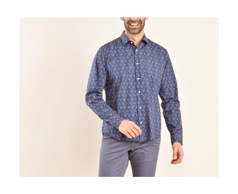 Chemise coton bleue imprimée fleurs corail - WILROSE