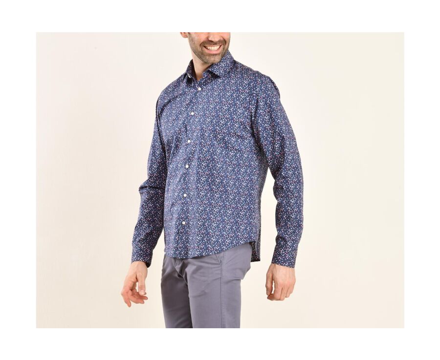 Chemise coton bleue imprimée fleurs corail - WILROSE