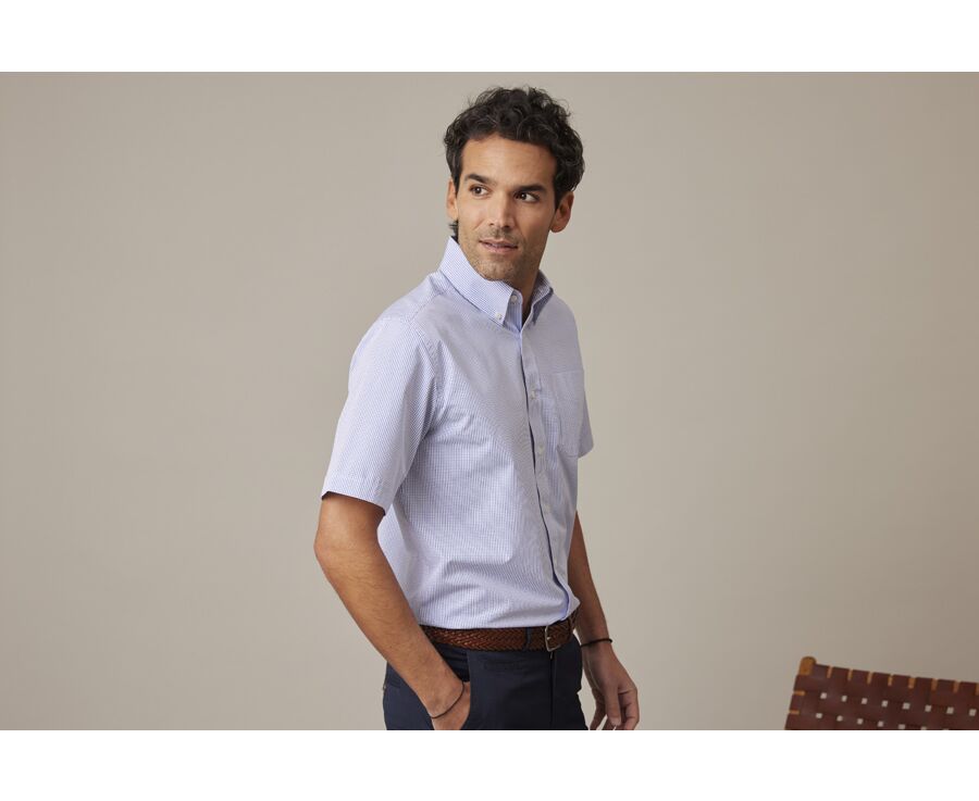 Chemise coton blanche à petits carreaux bleu océan - TIM MC