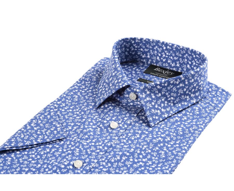 Chemise coton bleue imprimée fleurs blanches - FLORANTIN MC