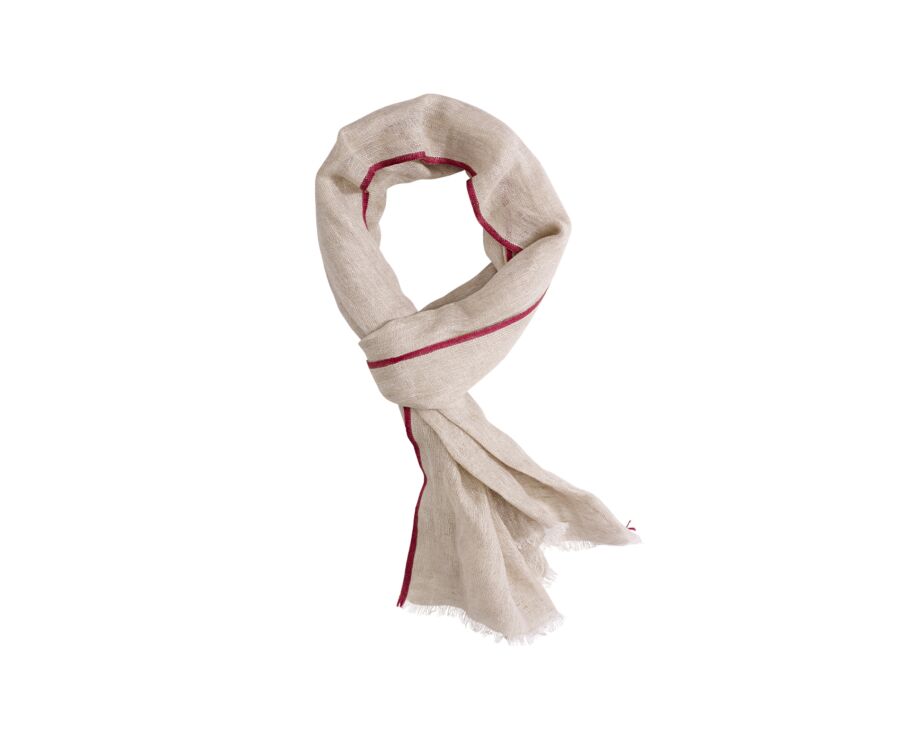 Chèche Lin coton Chambray Beige et bordure Rouge