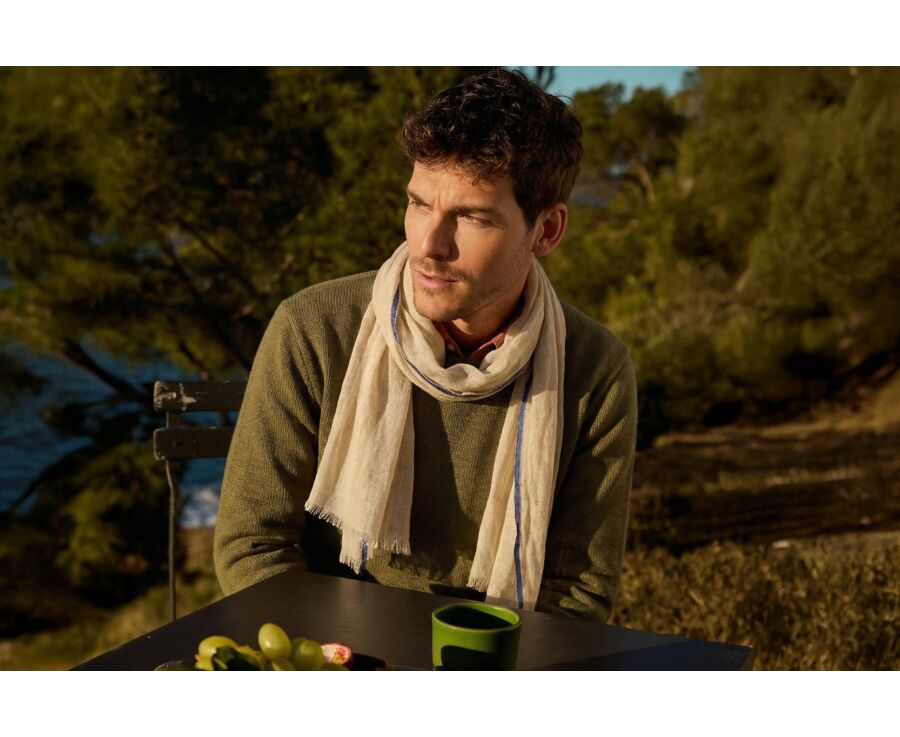 Chèche Homme Lin et Coton - Beige et Bordure Navy