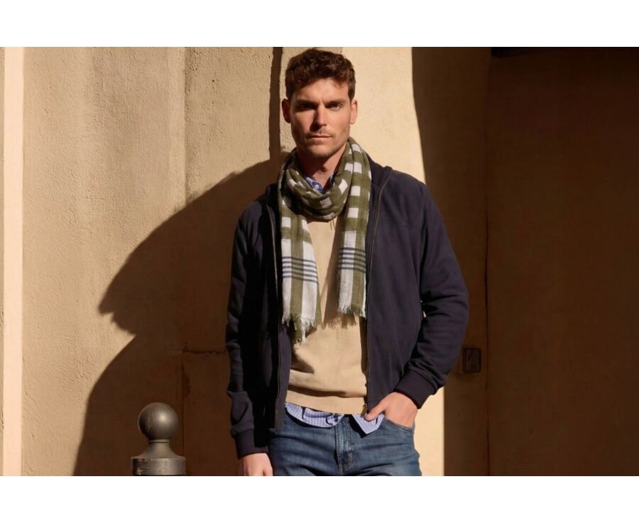 Chèche Homme Lin et Coton - Ecru Motif Kaki et Navy