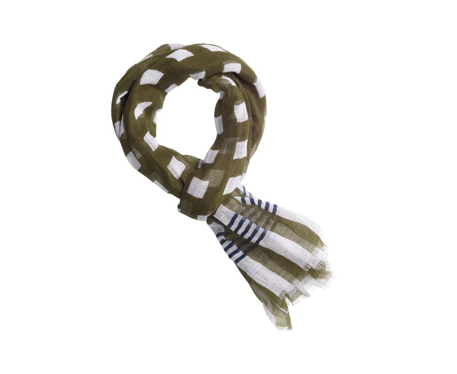 Chèche Homme Lin et Coton - Ecru Motif Kaki et Navy