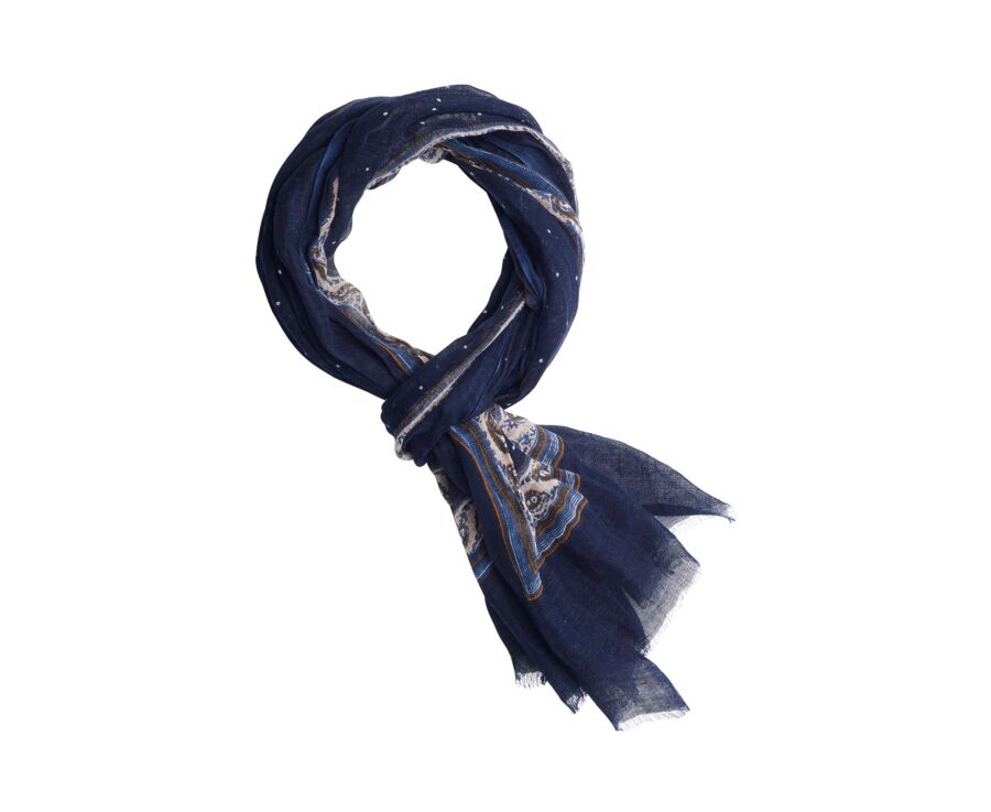 Chèche Homme Lin et Coton - Navy Motif Blanc Beige Jaune