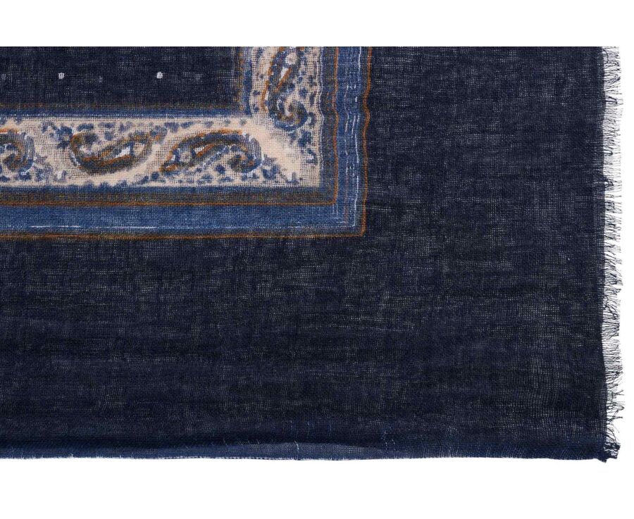 Chèche Homme Lin et Coton - Navy Motif Blanc Beige Jaune