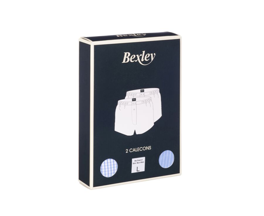 Boîte de 2 caleçons homme Bleu ciel rayé blanc / Blanc carreaux bleu - ELON
