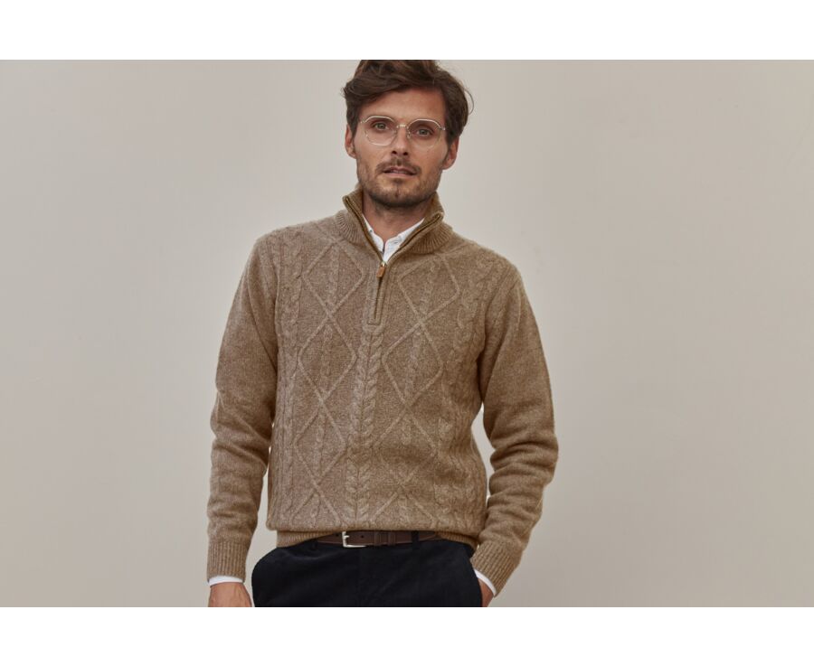 Pull laine col zippé homme  Beige chiné - KENTH