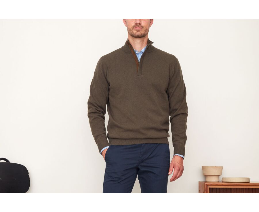 Pull homme laine col montant Kaki foncé - KEITHAN
