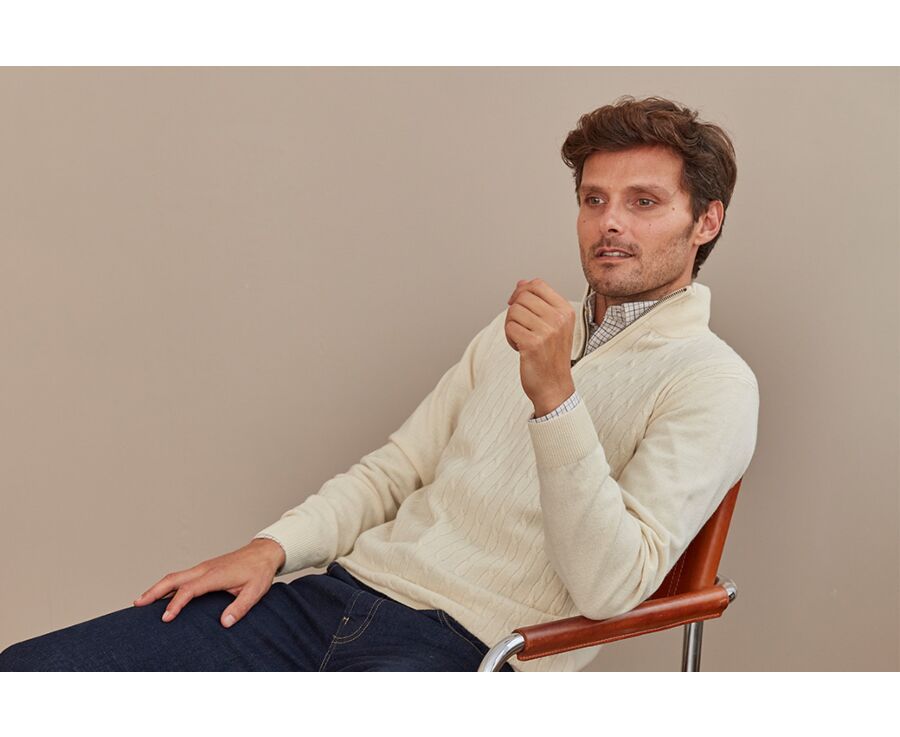 Pull laine homme à torsades col zippé Ecru - KEITHOR