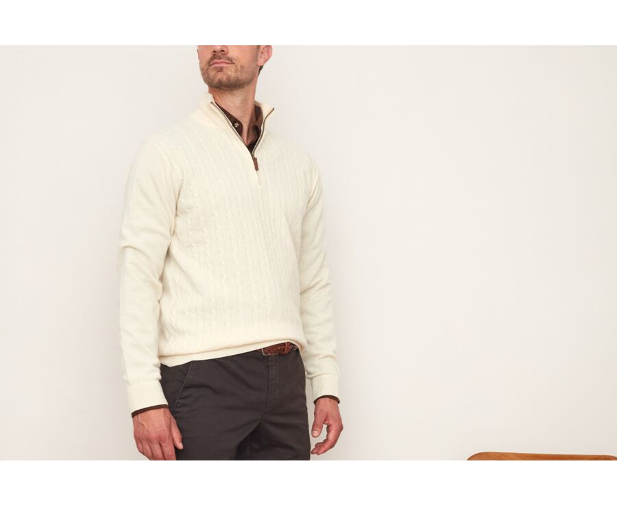 Pull laine homme à torsades col zippé Ecru - KEITHOR