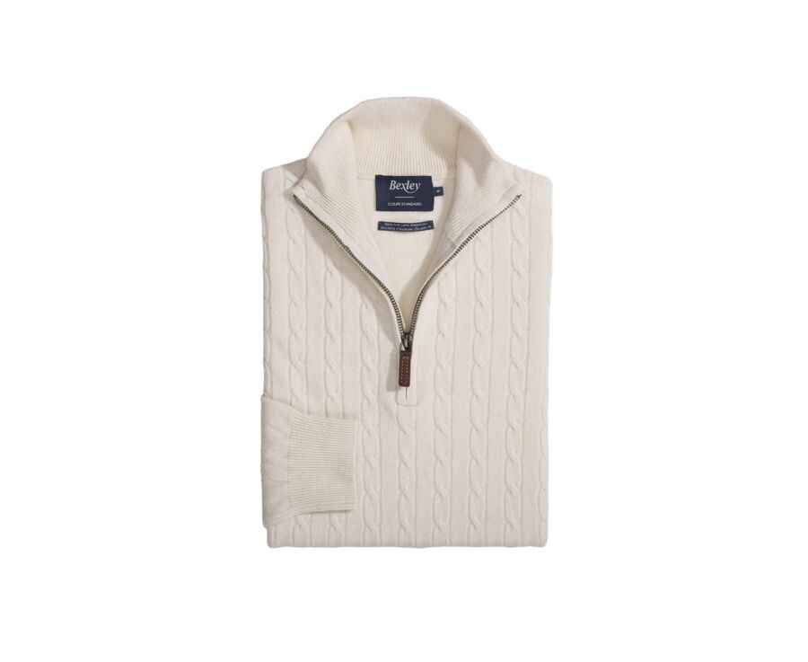 Pull laine homme à torsades col zippé Ecru - KEITHOR