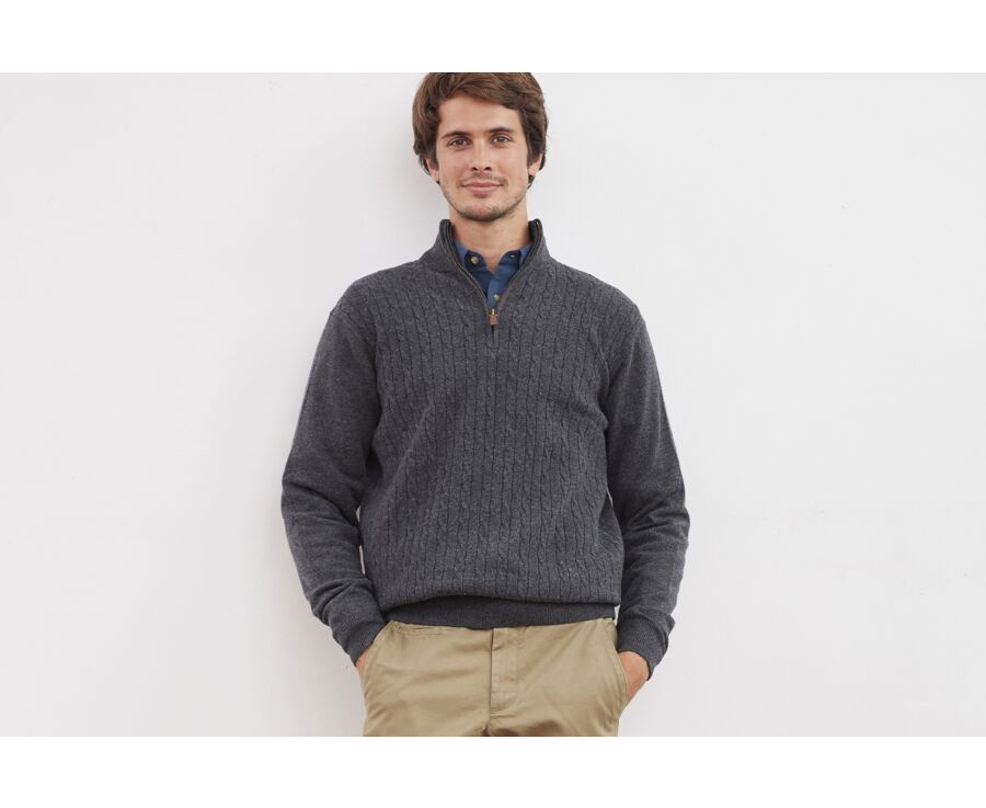 Pull col zippé homme laine à torsades Gris Anthracite Chiné - KEITHOR