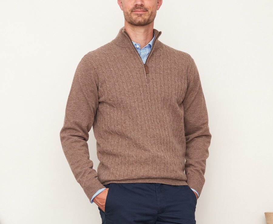 Pull laine homme à torsades col zippé Marron chiné - KEITHOR
