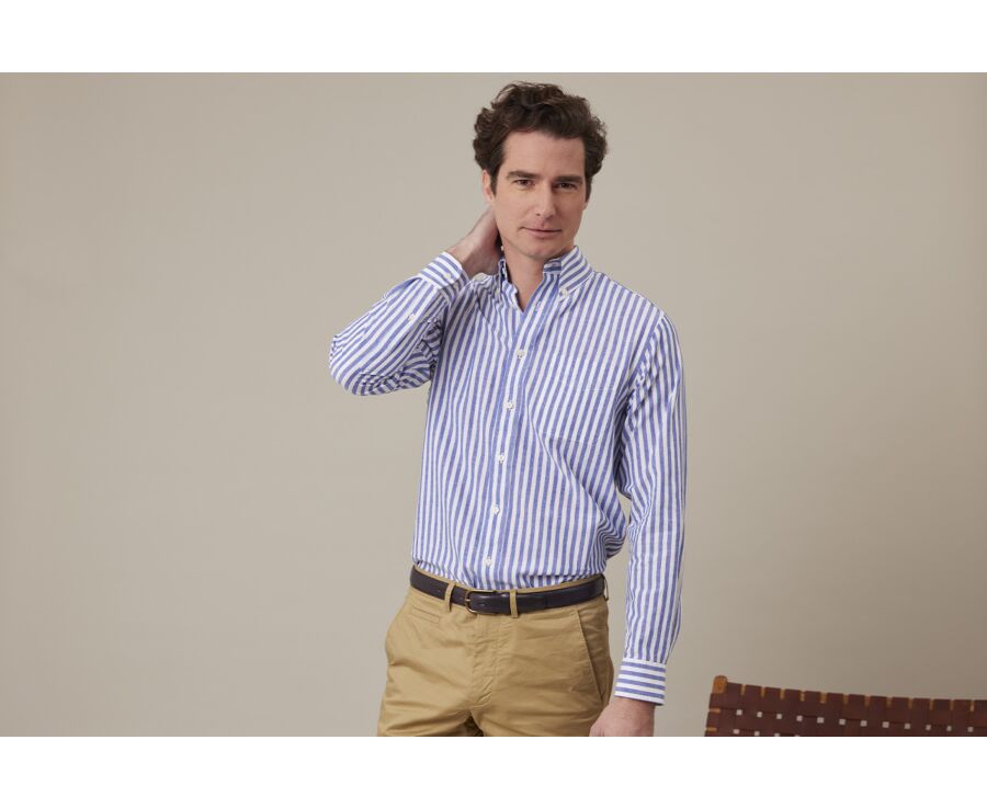 Chemise manches longues coton et lin Bleu Océan et Blanc - COLTEN
