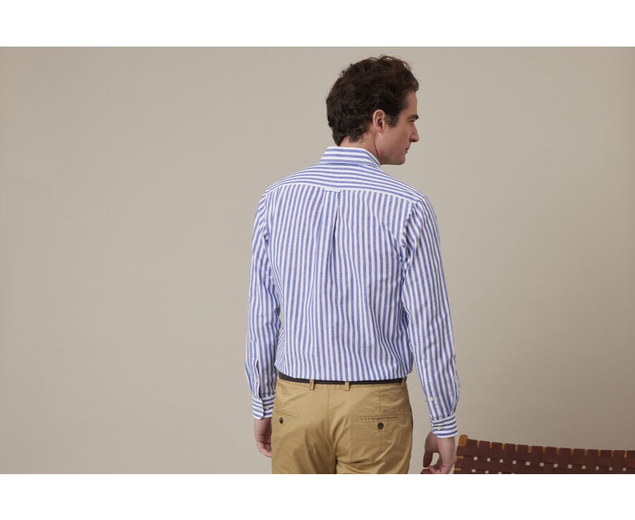 Chemise manches longues coton et lin Bleu Océan et Blanc - COLTEN