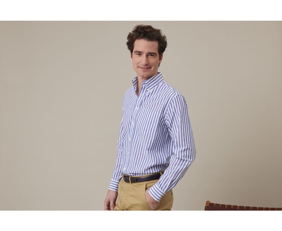 Chemise manches longues coton et lin Bleu Océan et Blanc - COLTEN