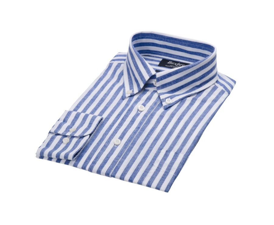 Chemise manches longues coton et lin Bleu Océan et Blanc - COLTEN