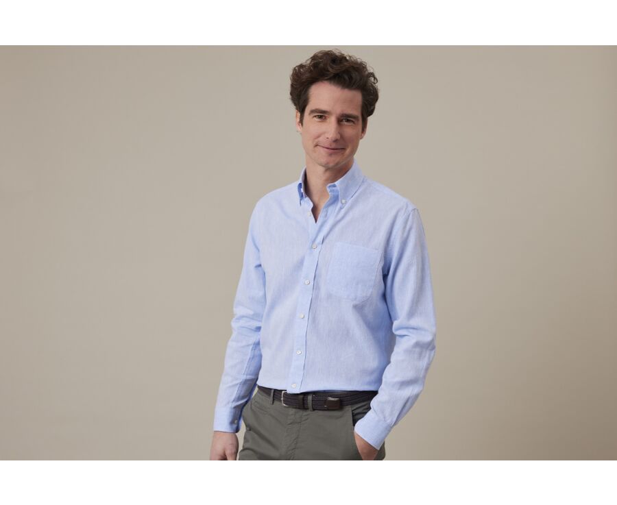 Chemise manches longues coton et lin Chambray Bleu - COLTEN