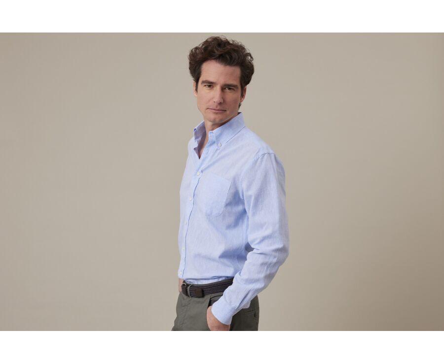 Chemise manches longues coton et lin Chambray Bleu - COLTEN