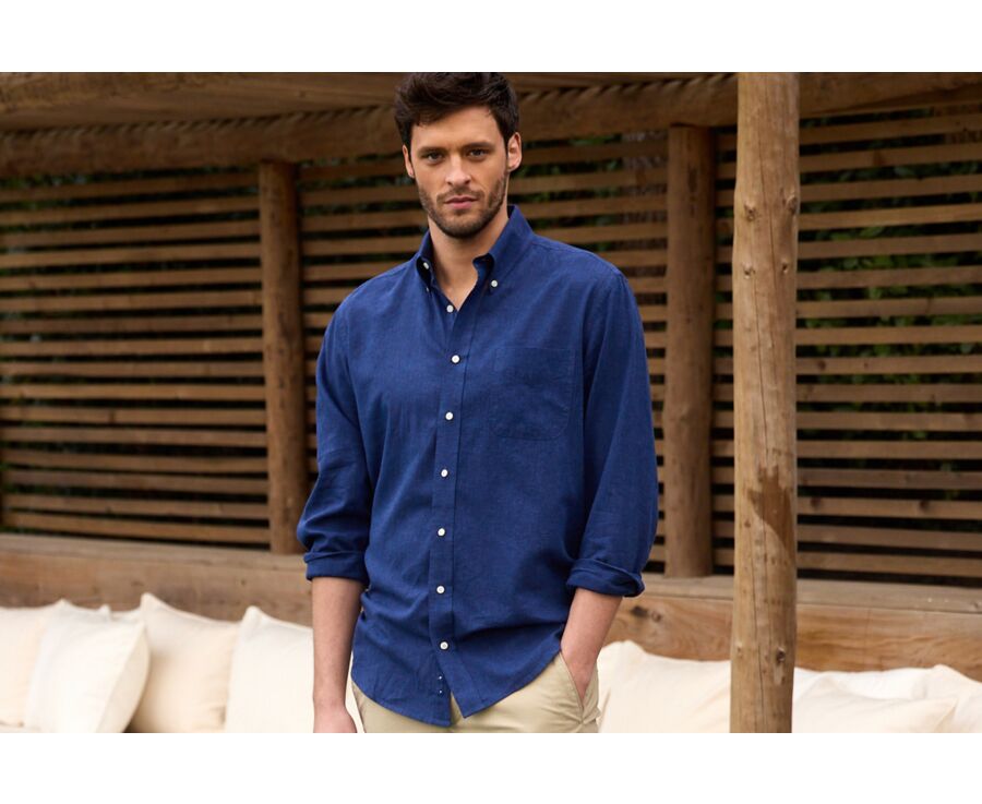Chemise manches longues coton et lin Chambray Indigo - COLTEN