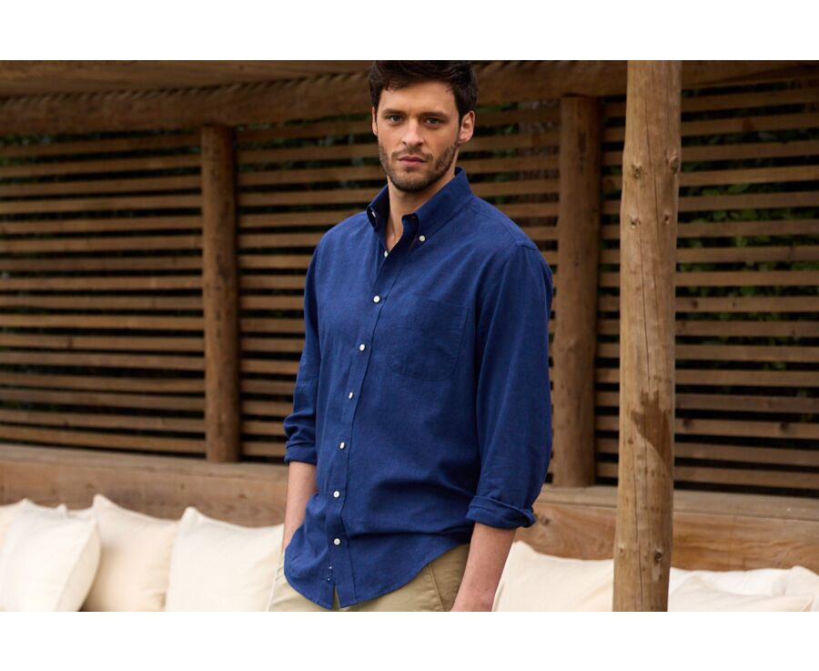 Chemise manches longues coton et lin Chambray Indigo - COLTEN