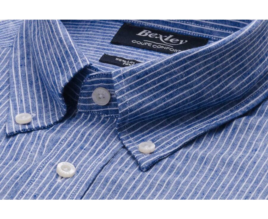 Chemise manches longues coton et lin Chambray Bleu et liseré Blanc - COLTEN