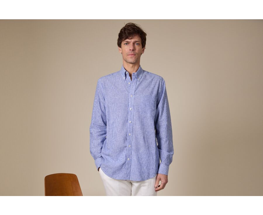 Chemise manches longues coton et lin Chambray Bleu et liseré Blanc - COLTEN