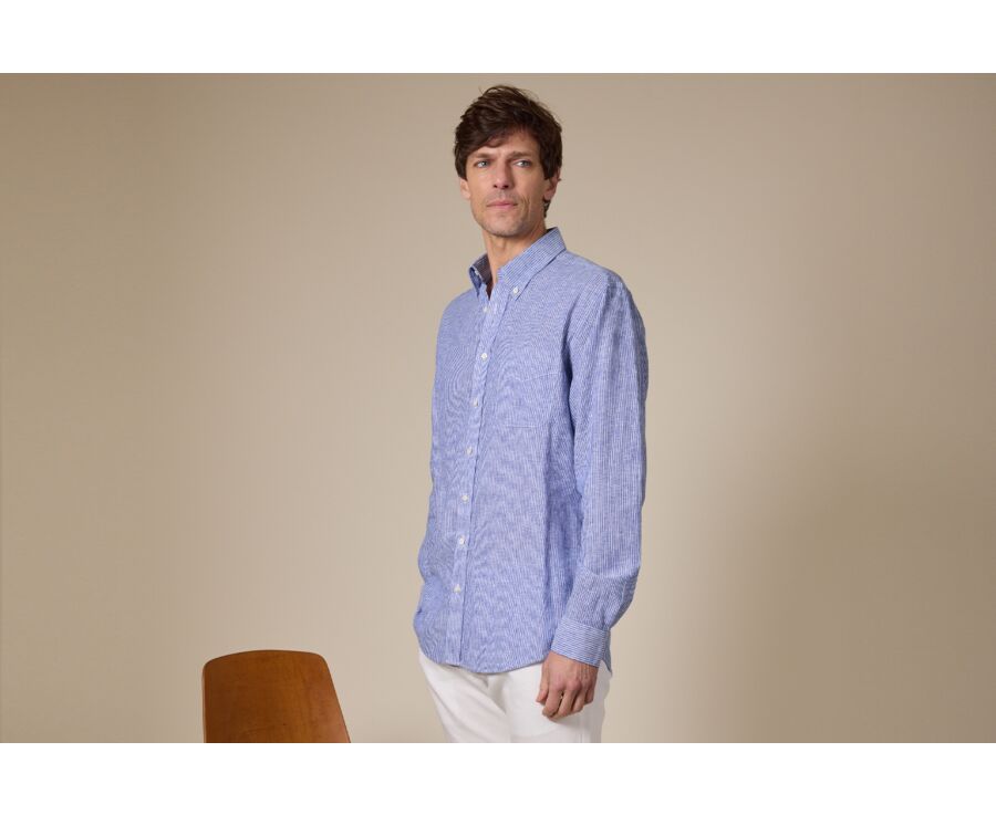 Chemise manches longues coton et lin Chambray Bleu et liseré Blanc - COLTEN