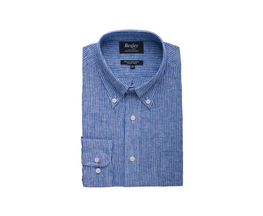 Chemise manches longues coton et lin Chambray Bleu et liseré Blanc - COLTEN