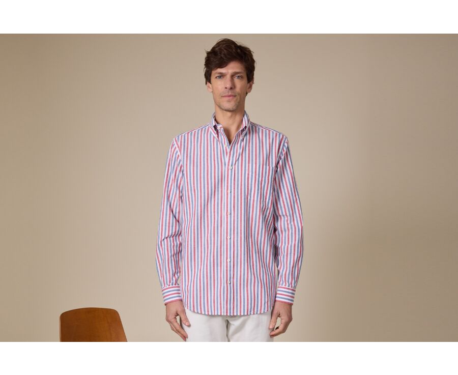 Chemise à rayures coton/lin Chambray Rouge et Bleu Vintage - COLTEN