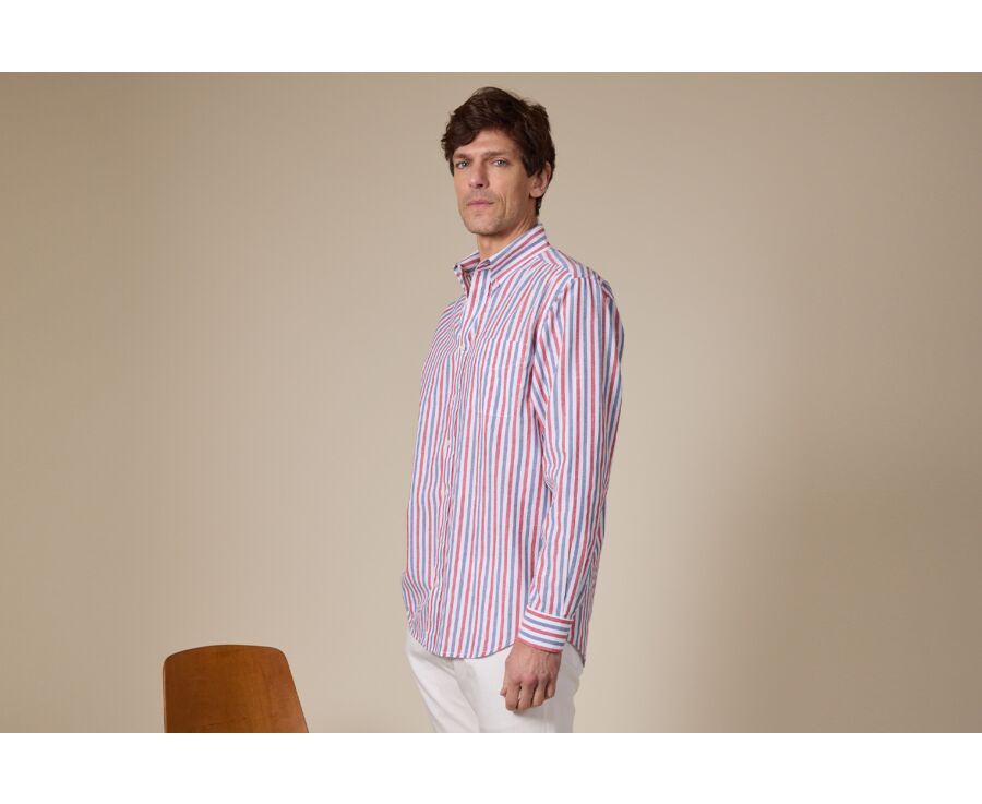 Chemise à rayures coton/lin Chambray Rouge et Bleu Vintage - COLTEN