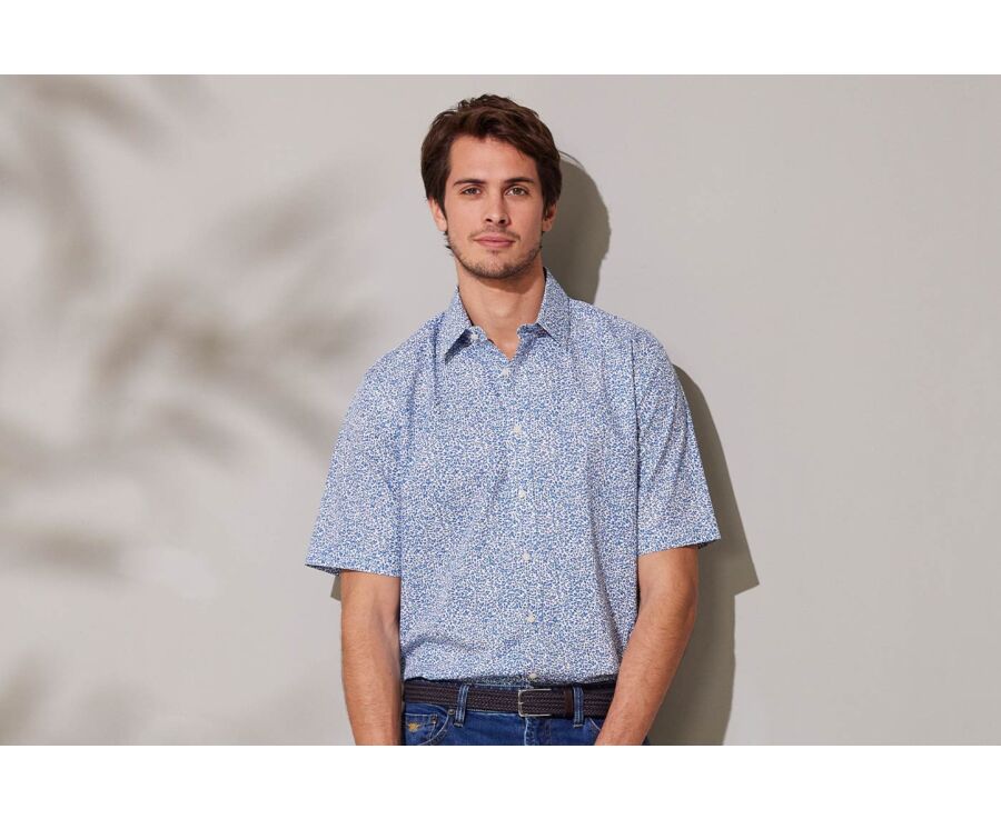 Chemise coton bleue imprimée fleurs blanches - FLAVIUS MC