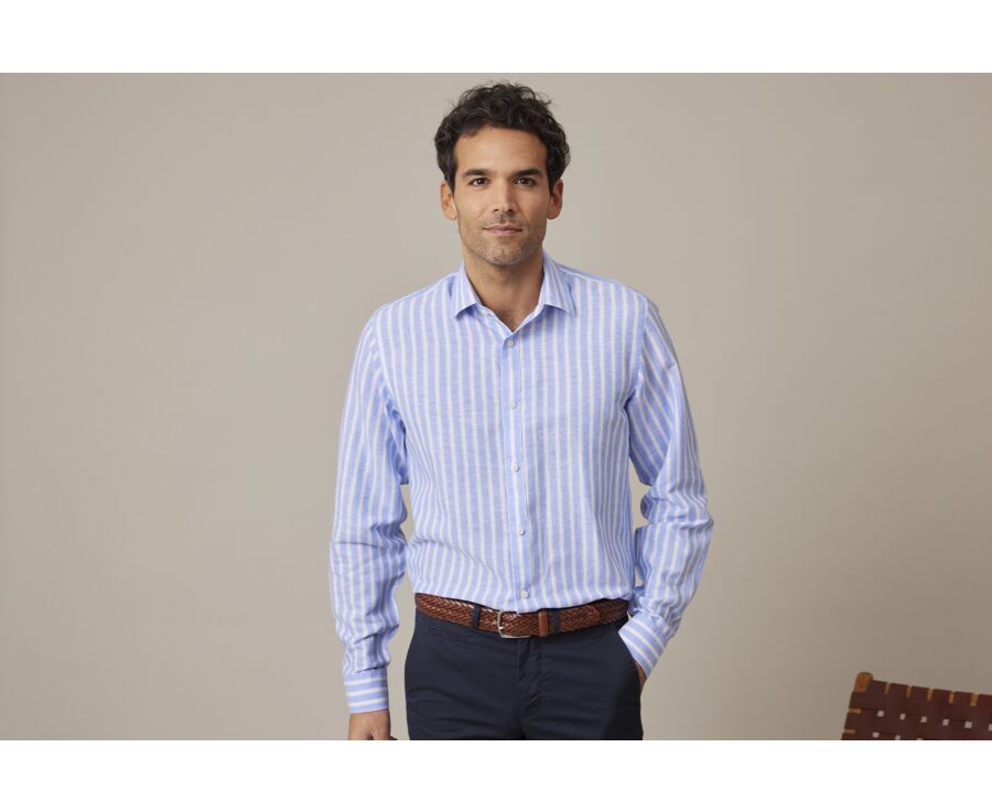 Chemise coton lin rayée bleue et blanche - SIMONIN