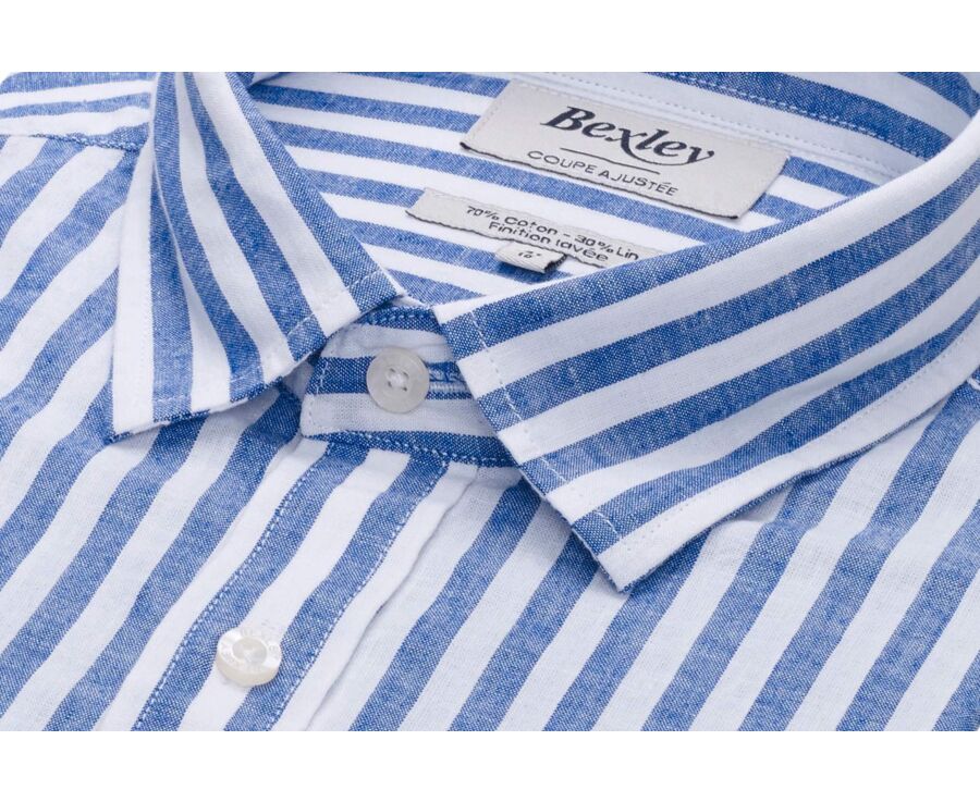 Chemise coton lin rayée bleue foncée et blanche - SIMONIN