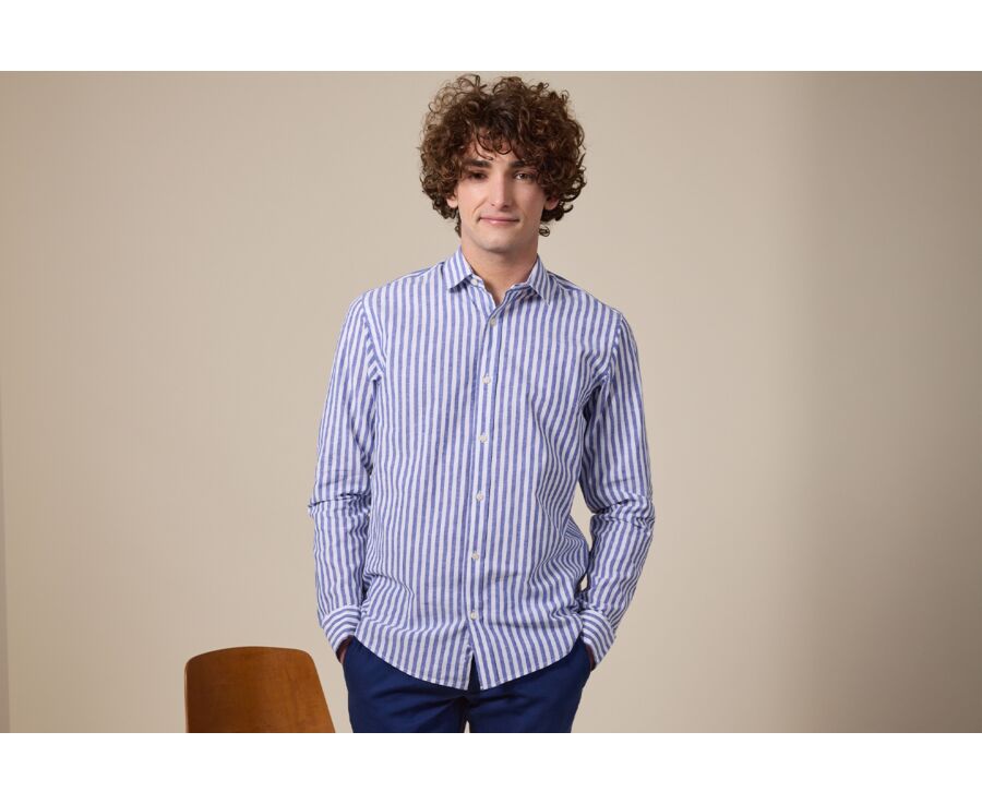 Chemise coton lin rayée bleue foncée et blanche - SIMONIN