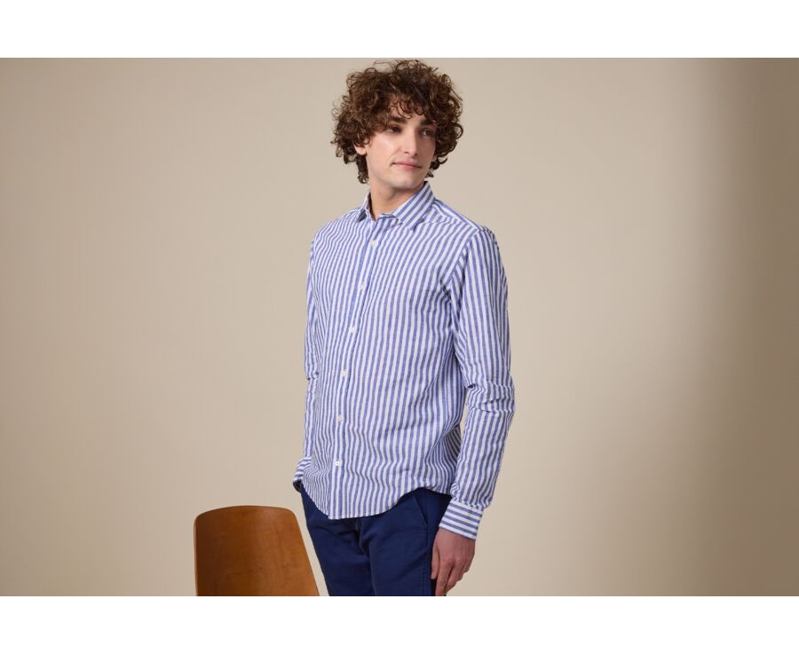 Chemise coton lin rayée bleue foncée et blanche - SIMONIN