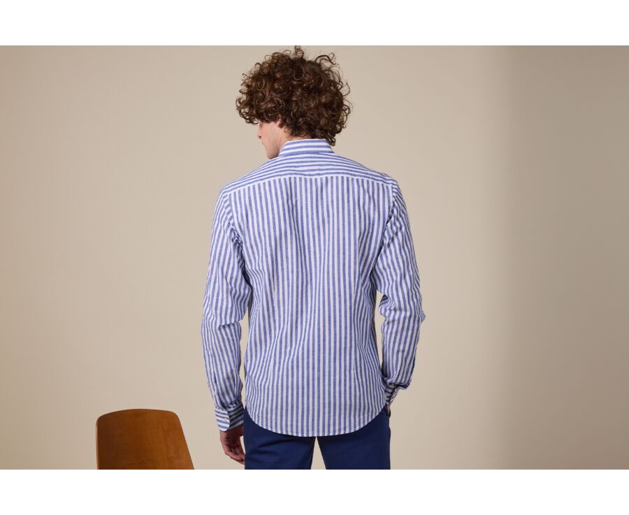 Chemise coton lin rayée bleue foncée et blanche - SIMONIN
