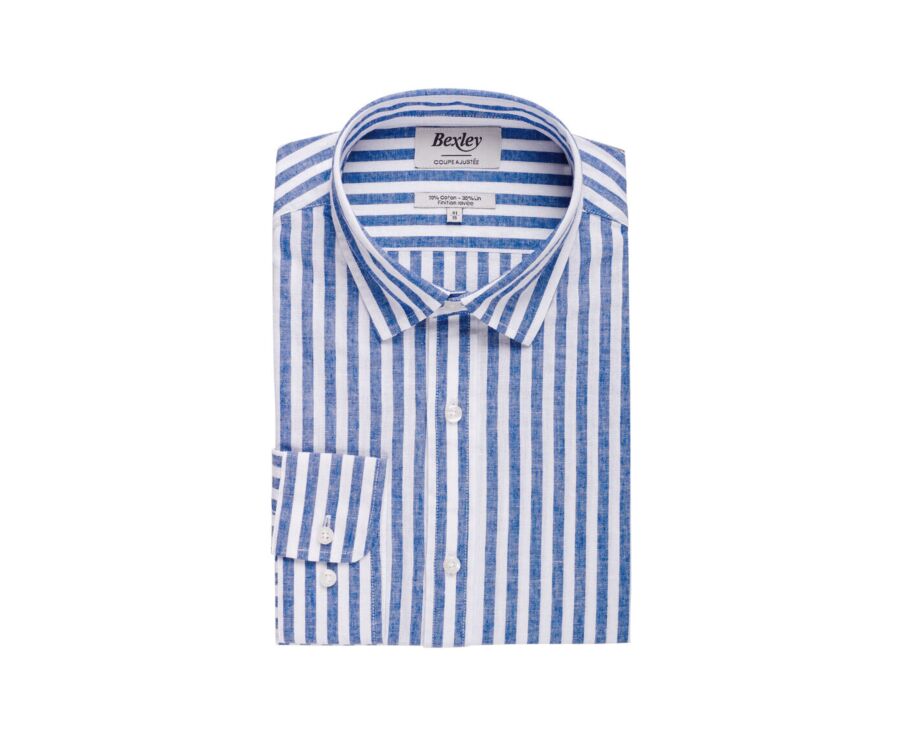 Chemise coton lin rayée bleue foncée et blanche - SIMONIN